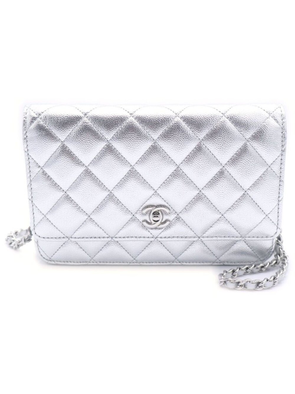 Chanel Quilted Caviar Leather Chain Wallet Shoulder Bag Silver Plate